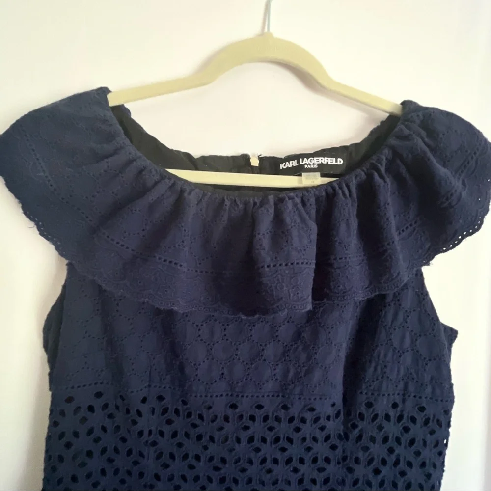 Karl Lagerfeld Paris Navy Off-Shoulder Eyelet Dress SZ 12 Ruffle Neck Cotton Mid - Picture 8 of 8
